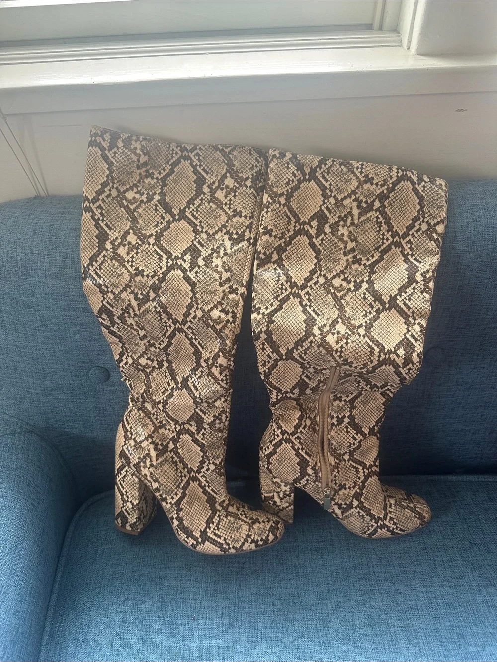 Shoe Dazzle Snake-Print Over-the-Knee Boots in Brown